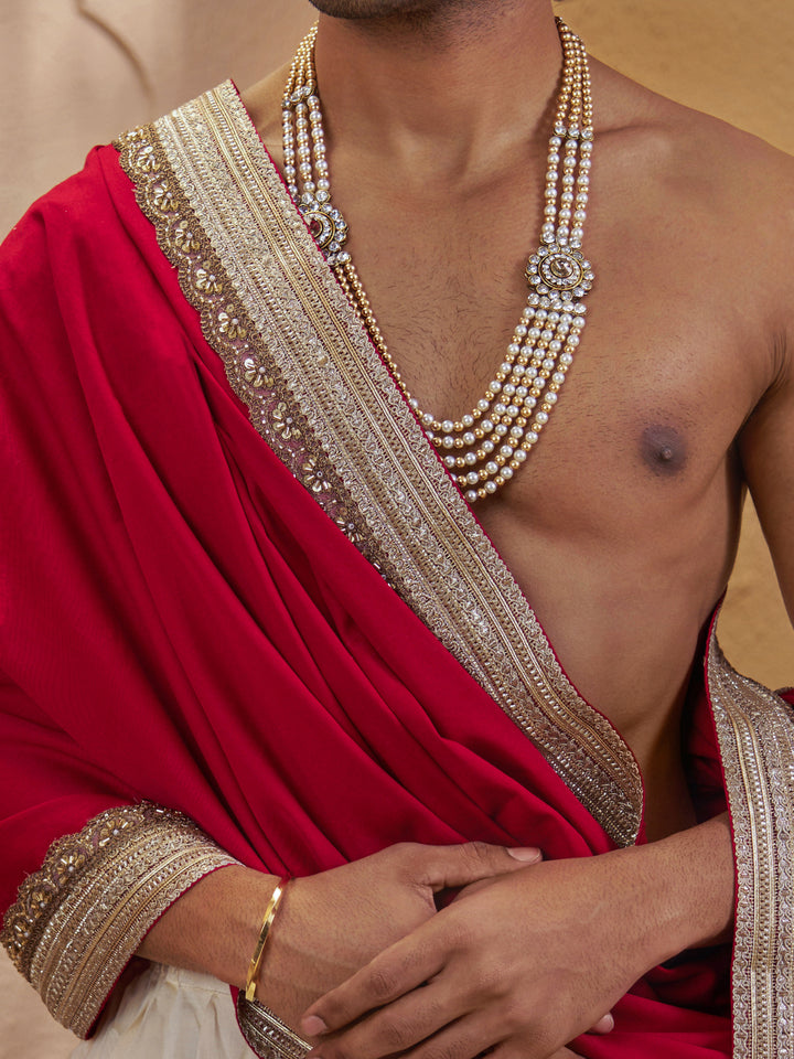Men Cream Silk Blend Dhoti with Red Cotton Silk Dupatta Set