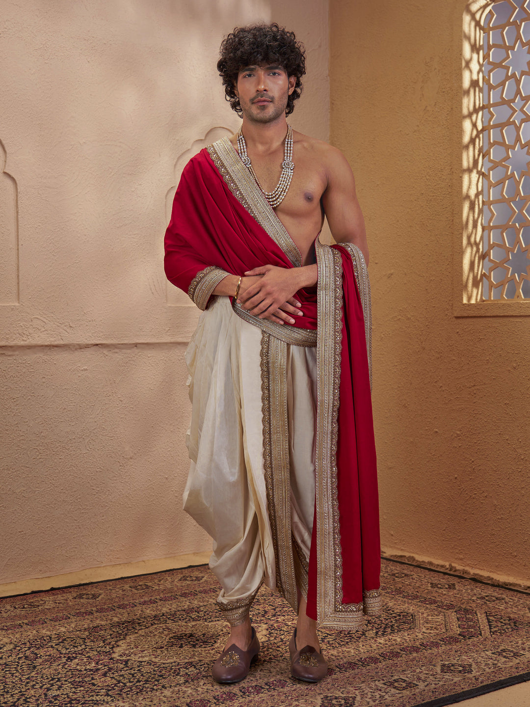 Men Cream Silk Blend Dhoti with Red Cotton Silk Dupatta Set