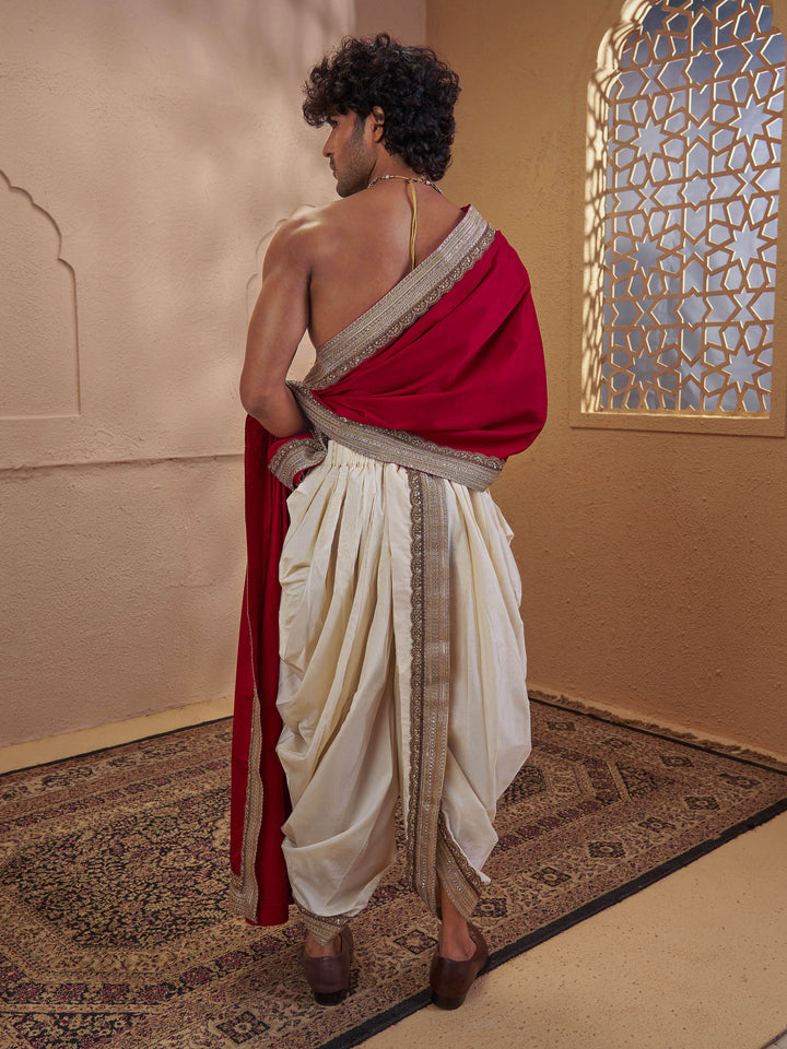 Men Cream Silk Blend Dhoti with Red Cotton Silk Dupatta Set