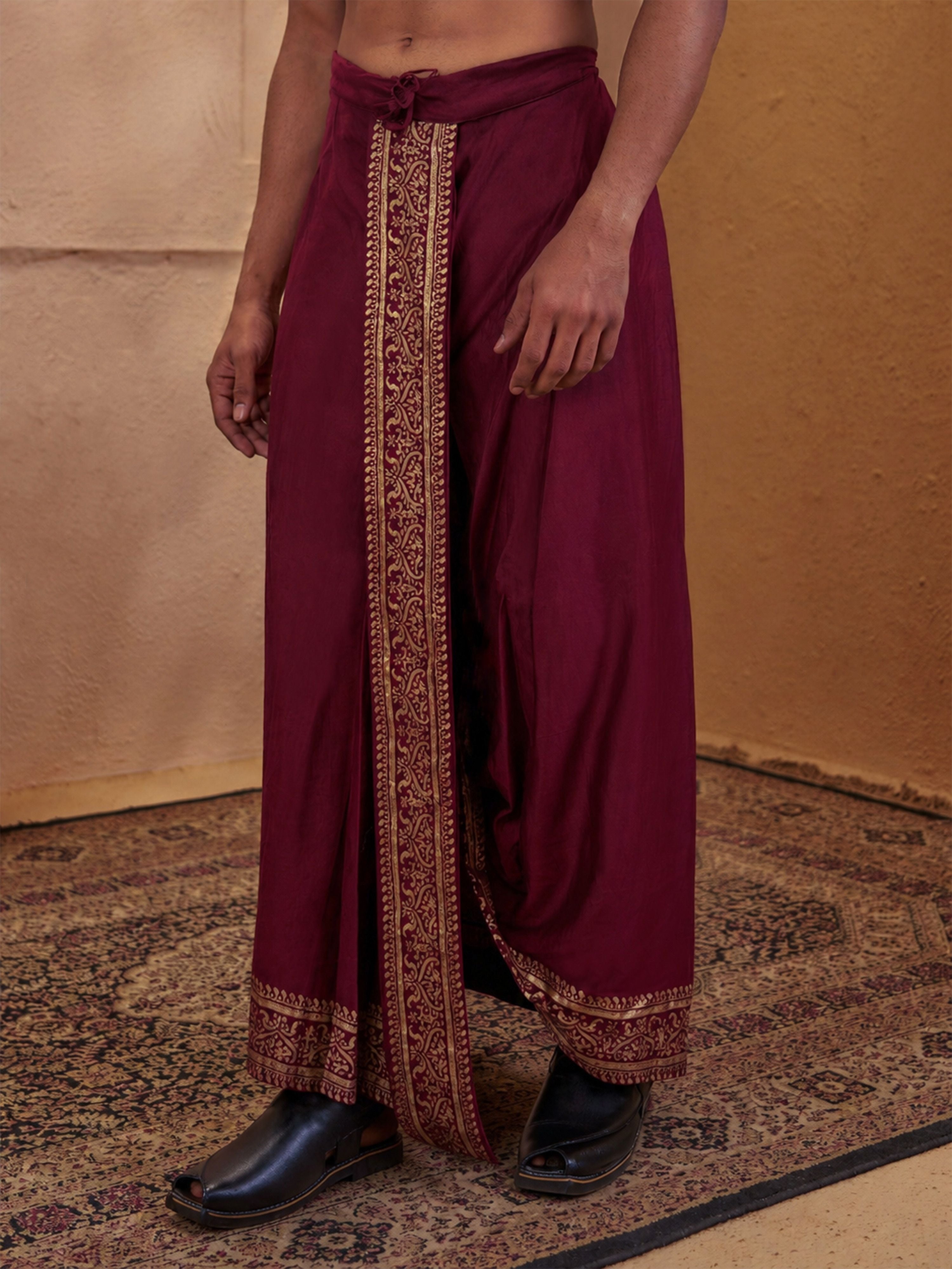 Men's Wine Cotton-Silk Solid Dhoti
