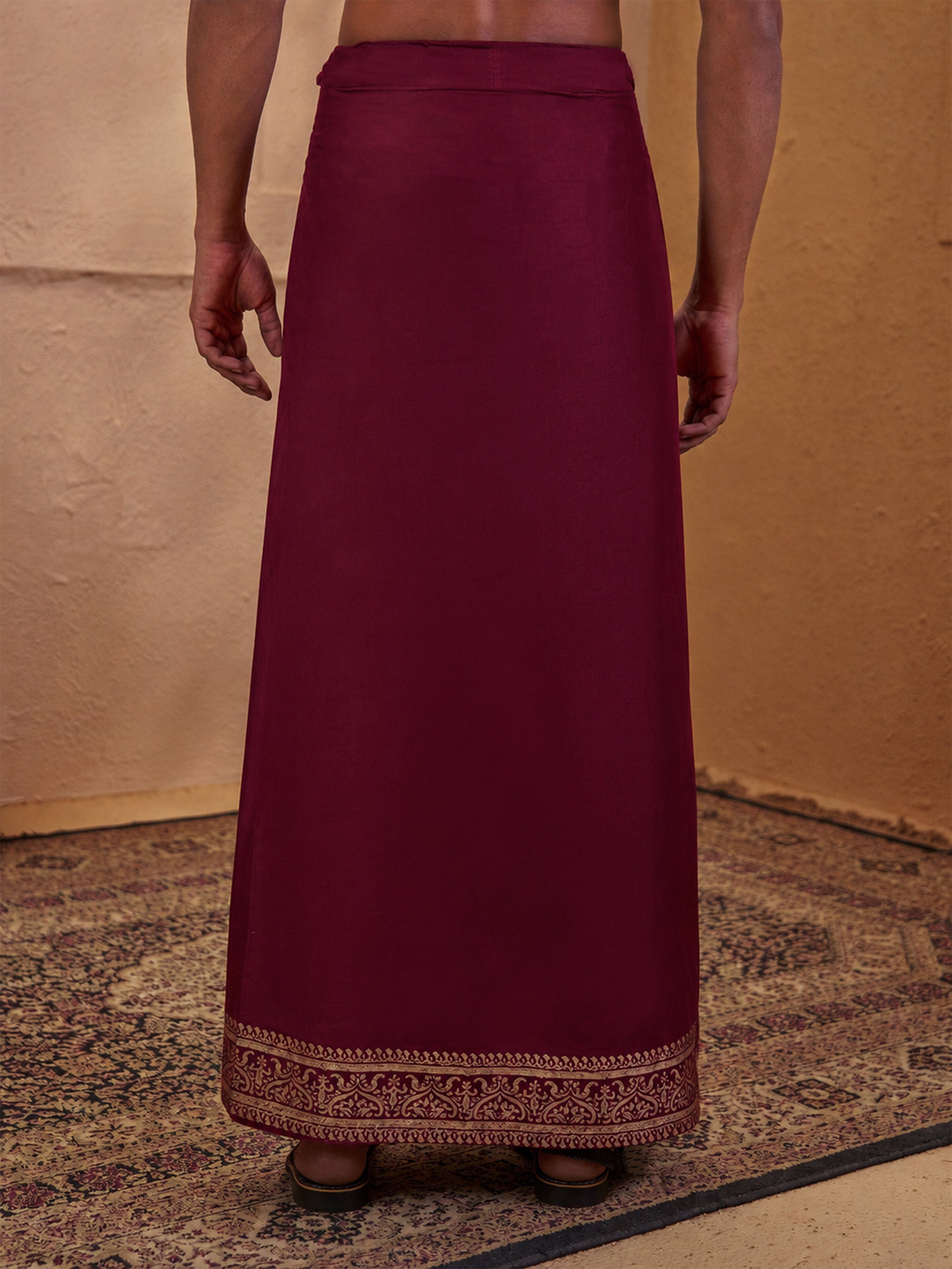Men's Wine Cotton-Silk Solid Dhoti