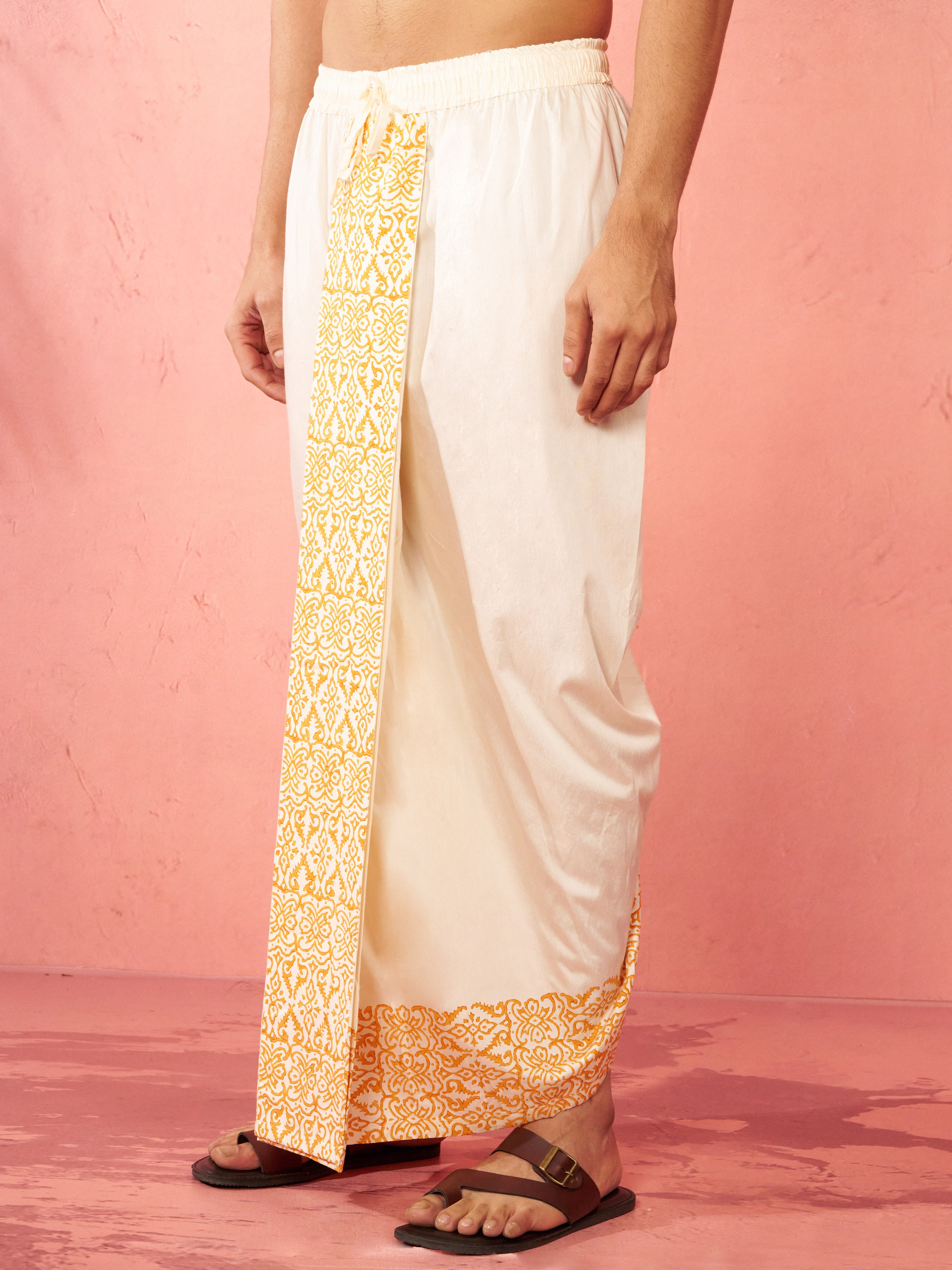 Men's Cream Viscose Dhoti Screen Print Ethnic