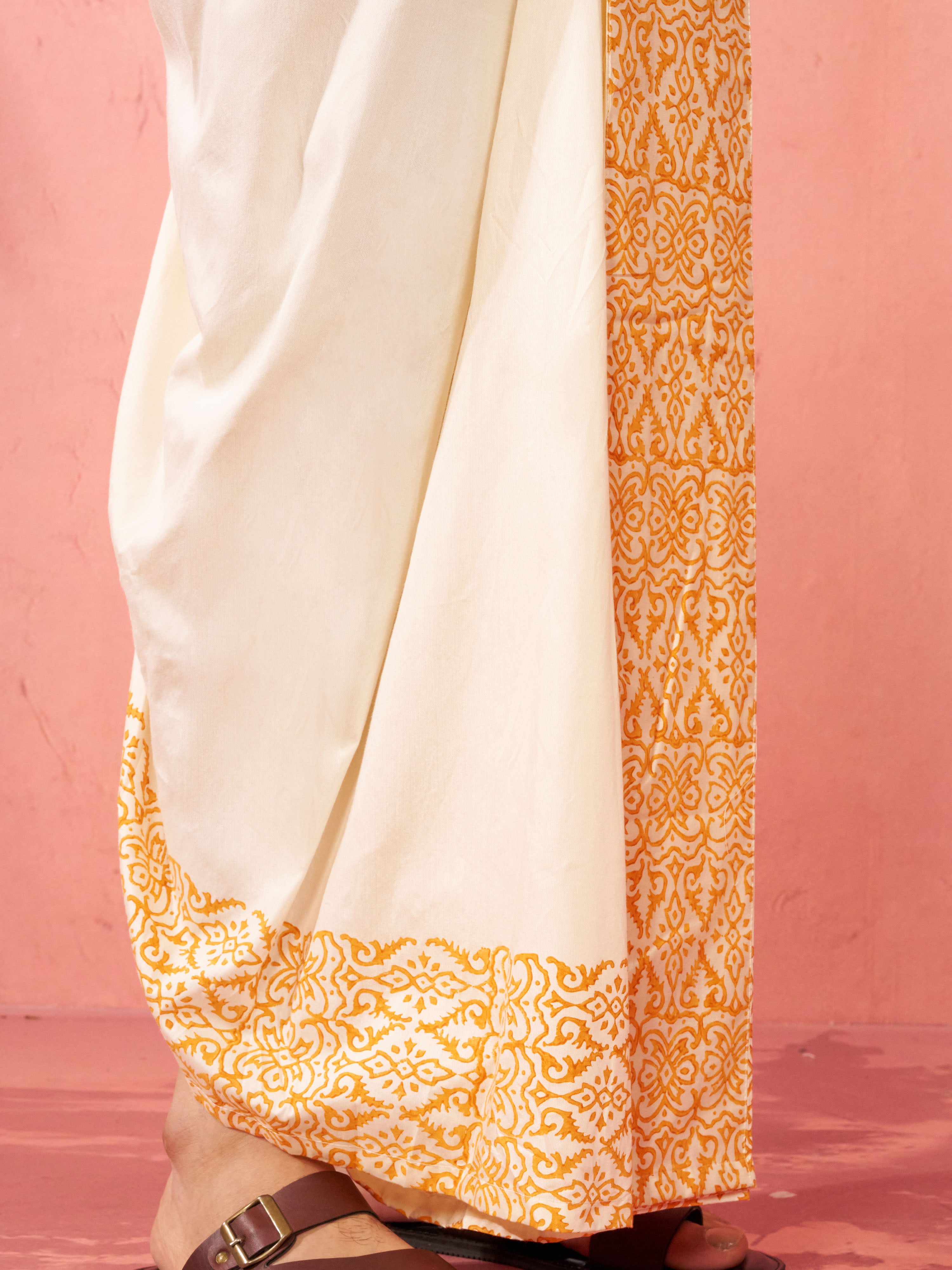 Men's Cream Viscose Dhoti Screen Print Ethnic
