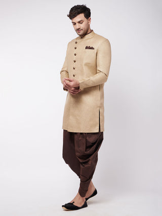 VM BY VASTRAMAY Men's Beige And Coffee Brown Jute Cotton Indo Western Set