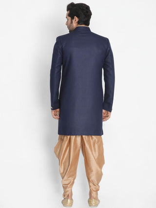 VM By VASTRAMAY Men's Dark Blue Silk Blend Sherwani Set