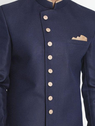 VM By VASTRAMAY Men's Dark Blue Silk Blend Sherwani Set