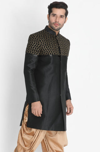 VASTRAMAY Men's Black Silk Blend Sherwani Only Top