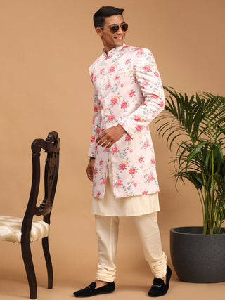 VASTRAMAY Men's Multicolor Base Peach Silk Blend Sherwani Top