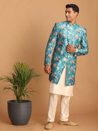VASTRAMAY Men's Multicolor Base Blue Silk Blend Sherwani With Kurta Pant Set