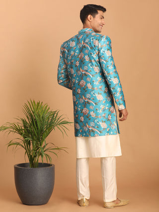 VASTRAMAY Men's Multicolor Base Blue Silk Blend Sherwani With Kurta Pant Set