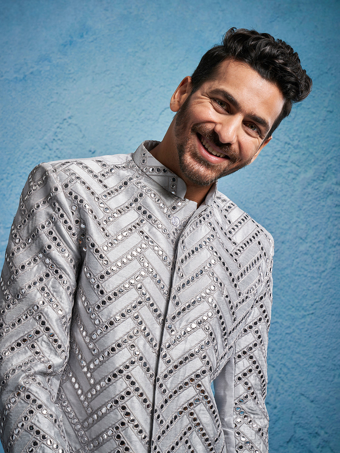 Men's Aqua Silk Blend Sherwani Set