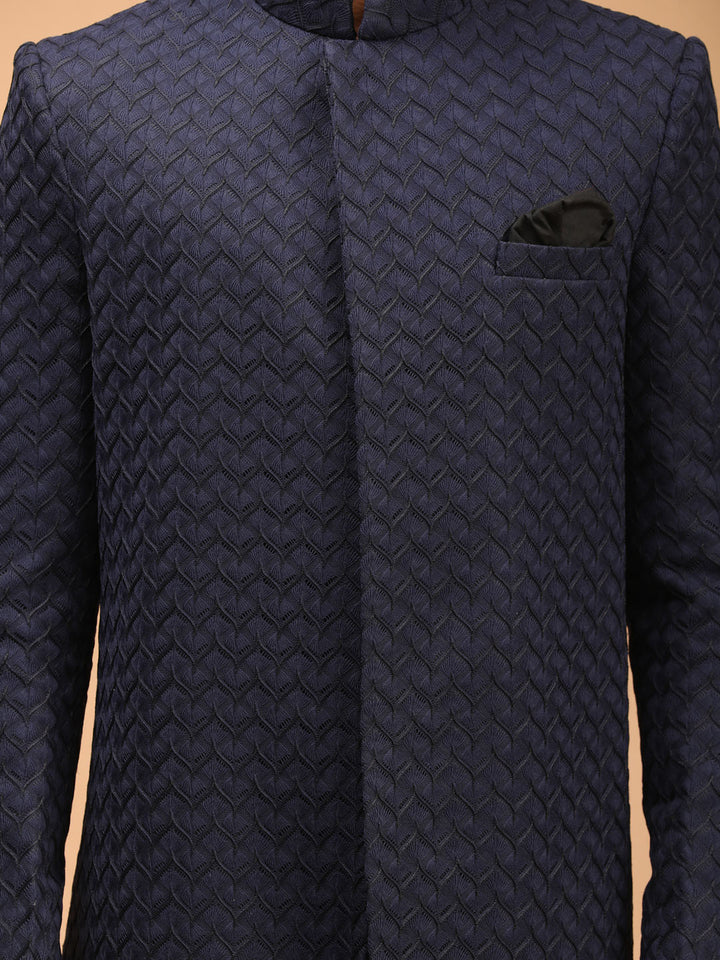 Men Blue Jacquard Ethnic Motif Synthetic Indo-Western with Navy Blue Pant Set