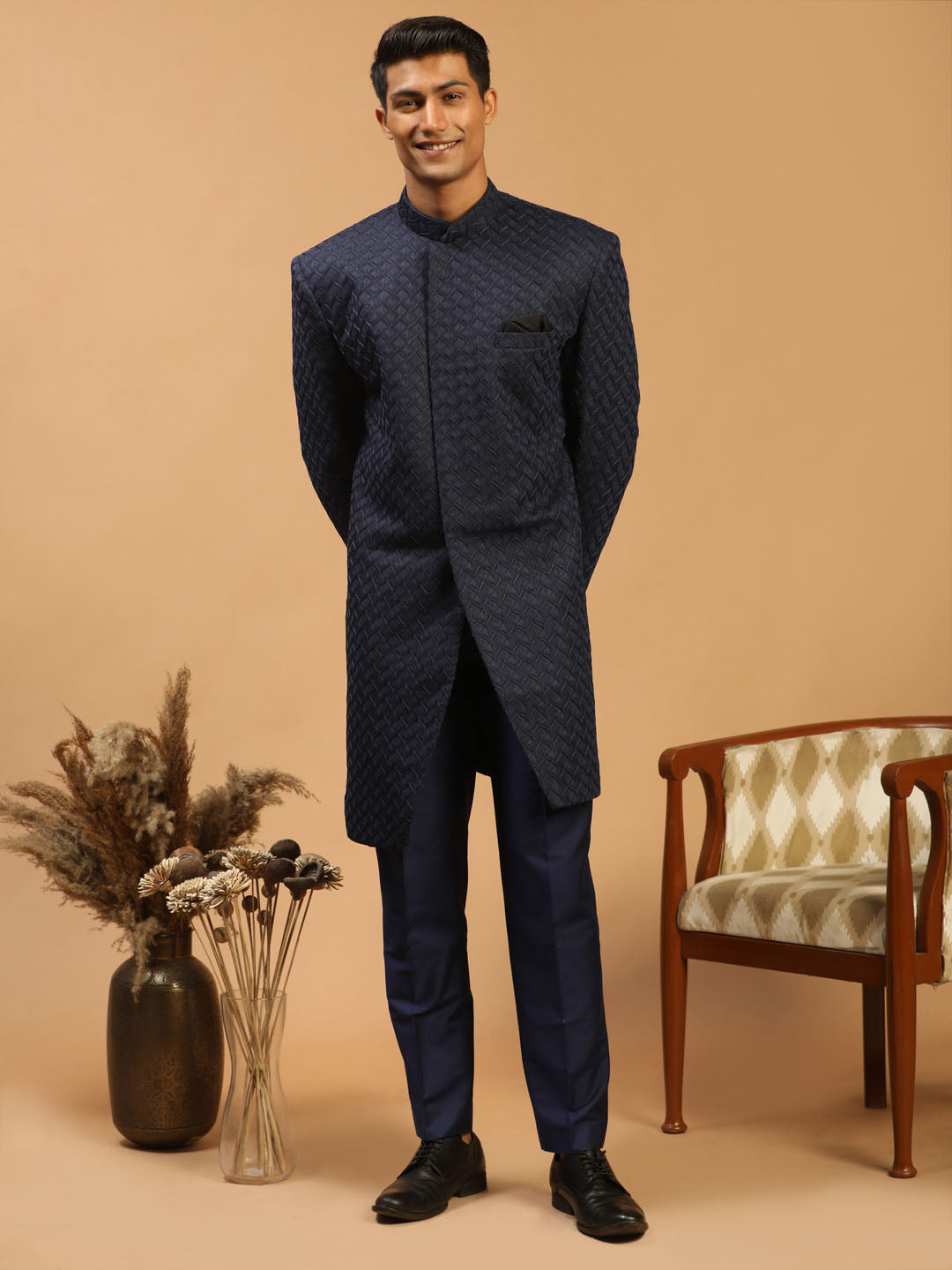 Men Blue Jacquard Ethnic Motif Synthetic Indo-Western with Navy Blue Pant Set