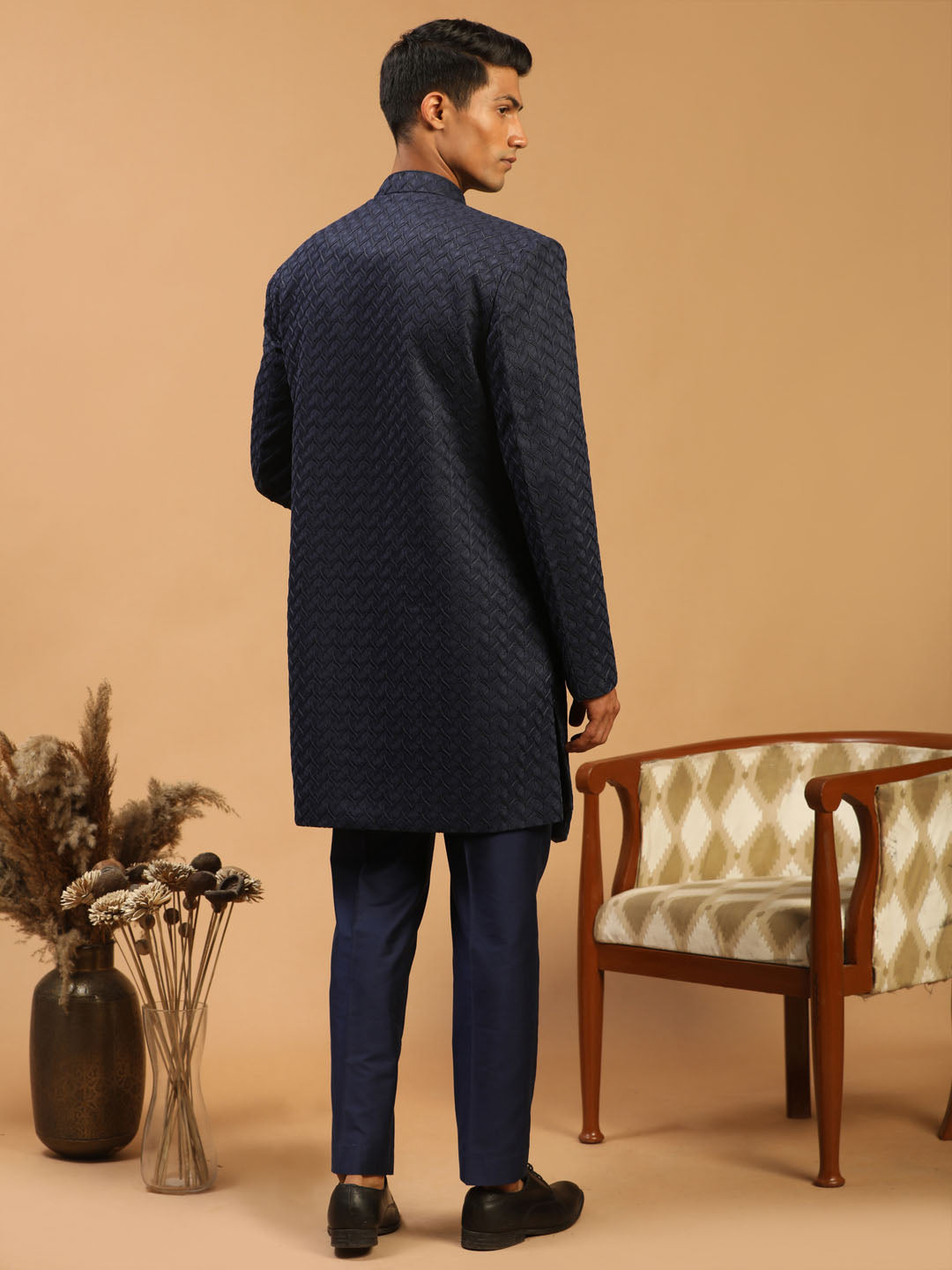 Men Blue Jacquard Ethnic Motif Synthetic Indo-Western with Navy Blue Pant Set