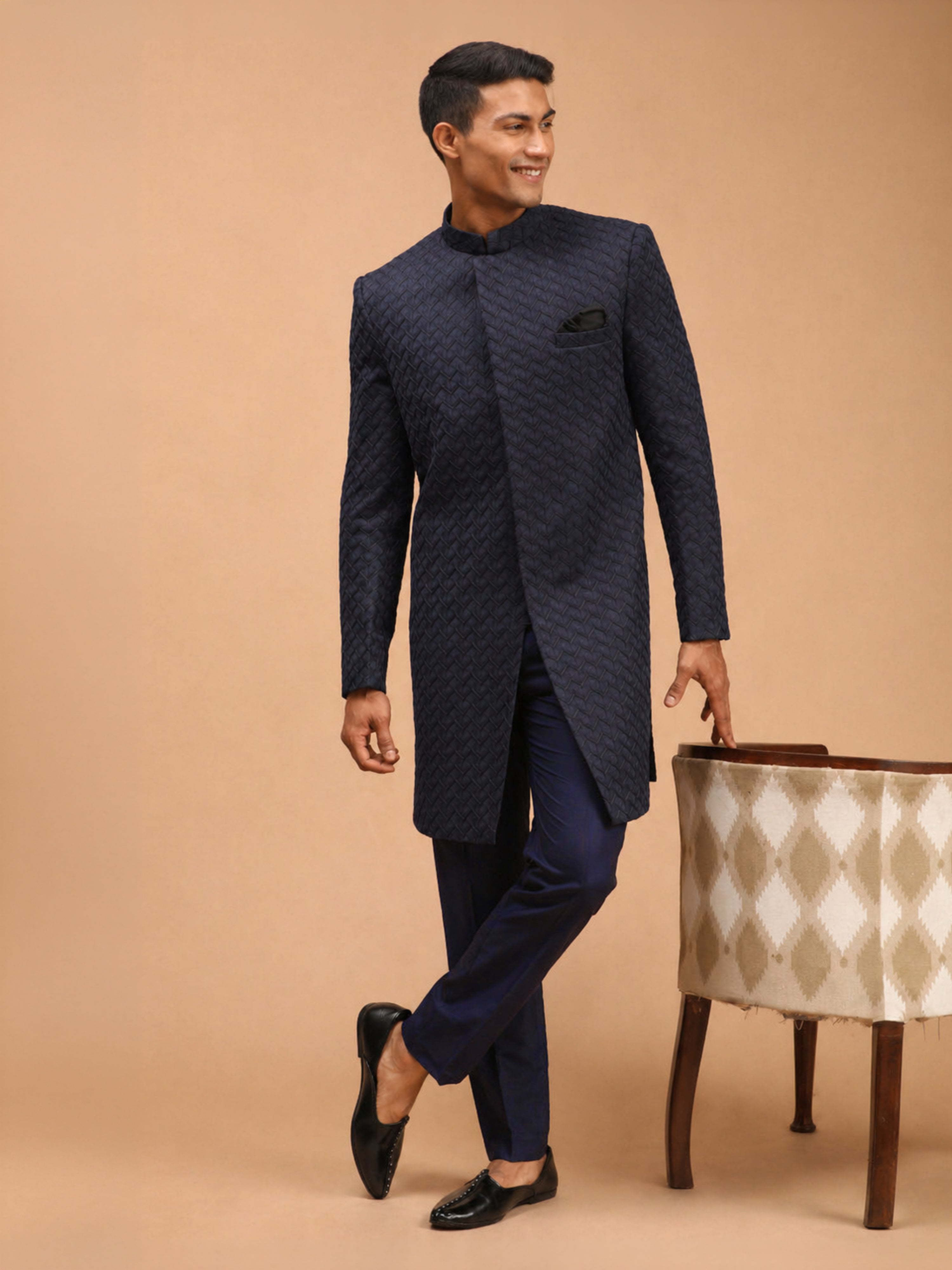 Men Blue Jacquard Ethnic Motif Synthetic Indo-Western with Navy Blue Solid Cotton Pant Set