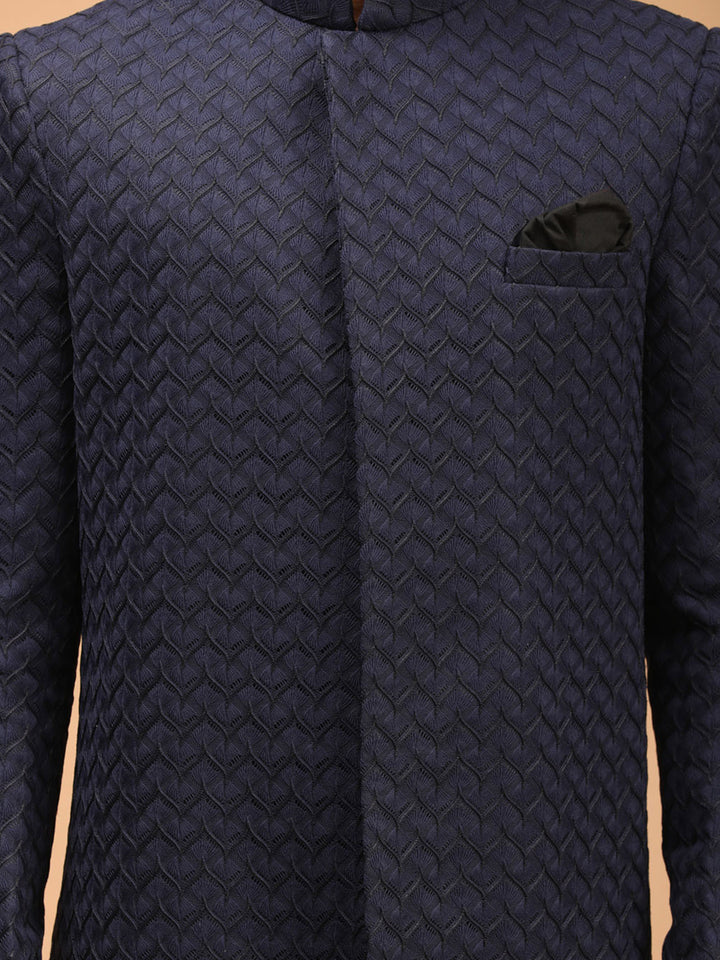 Men Blue Jacquard Ethnic Motif Synthetic Indo-Western with Navy Blue Solid Cotton Pant Set
