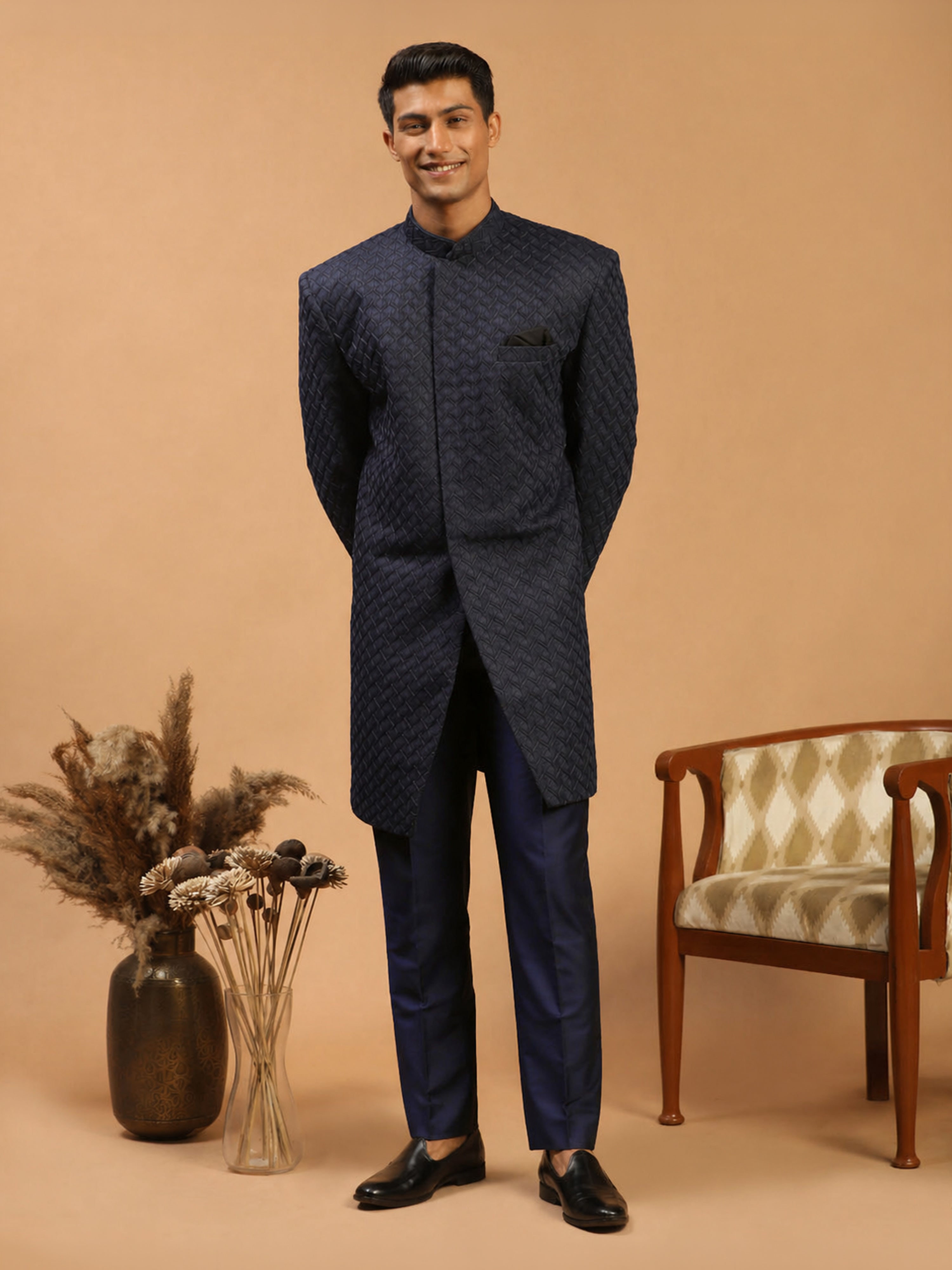 Men Blue Jacquard Ethnic Motif Synthetic Indo-Western with Navy Blue Solid Cotton Pant Set