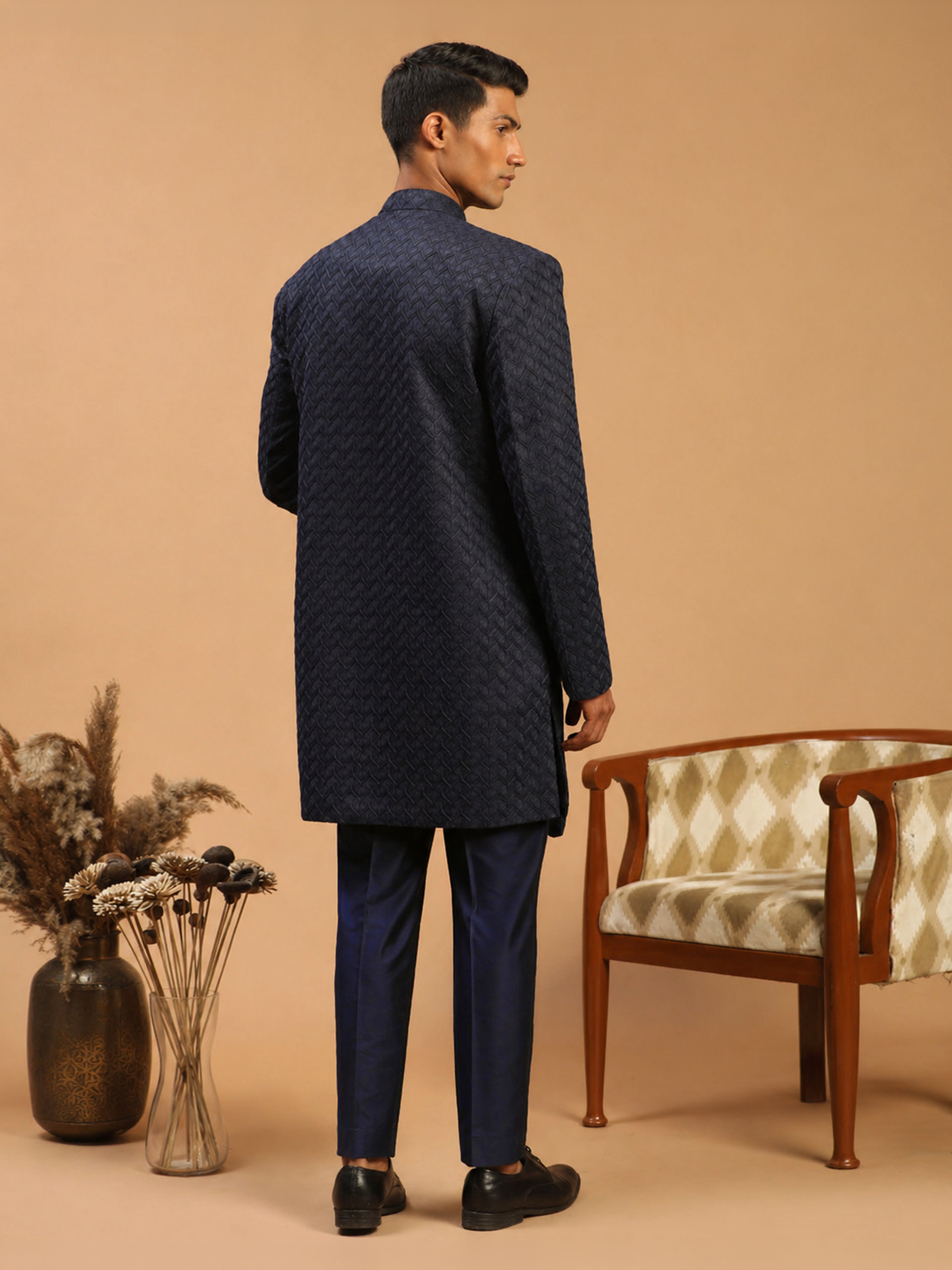 Men Blue Jacquard Ethnic Motif Synthetic Indo-Western with Navy Blue Solid Cotton Pant Set