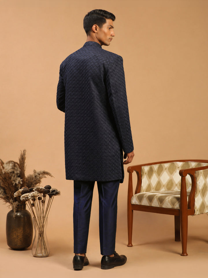 Men Blue Jacquard Ethnic Motif Synthetic Indo-Western with Navy Blue Solid Cotton Pant Set