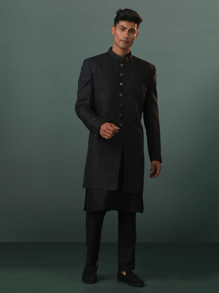 VASTRAMAY Men's Black Sherwani With Kurta Pant Set