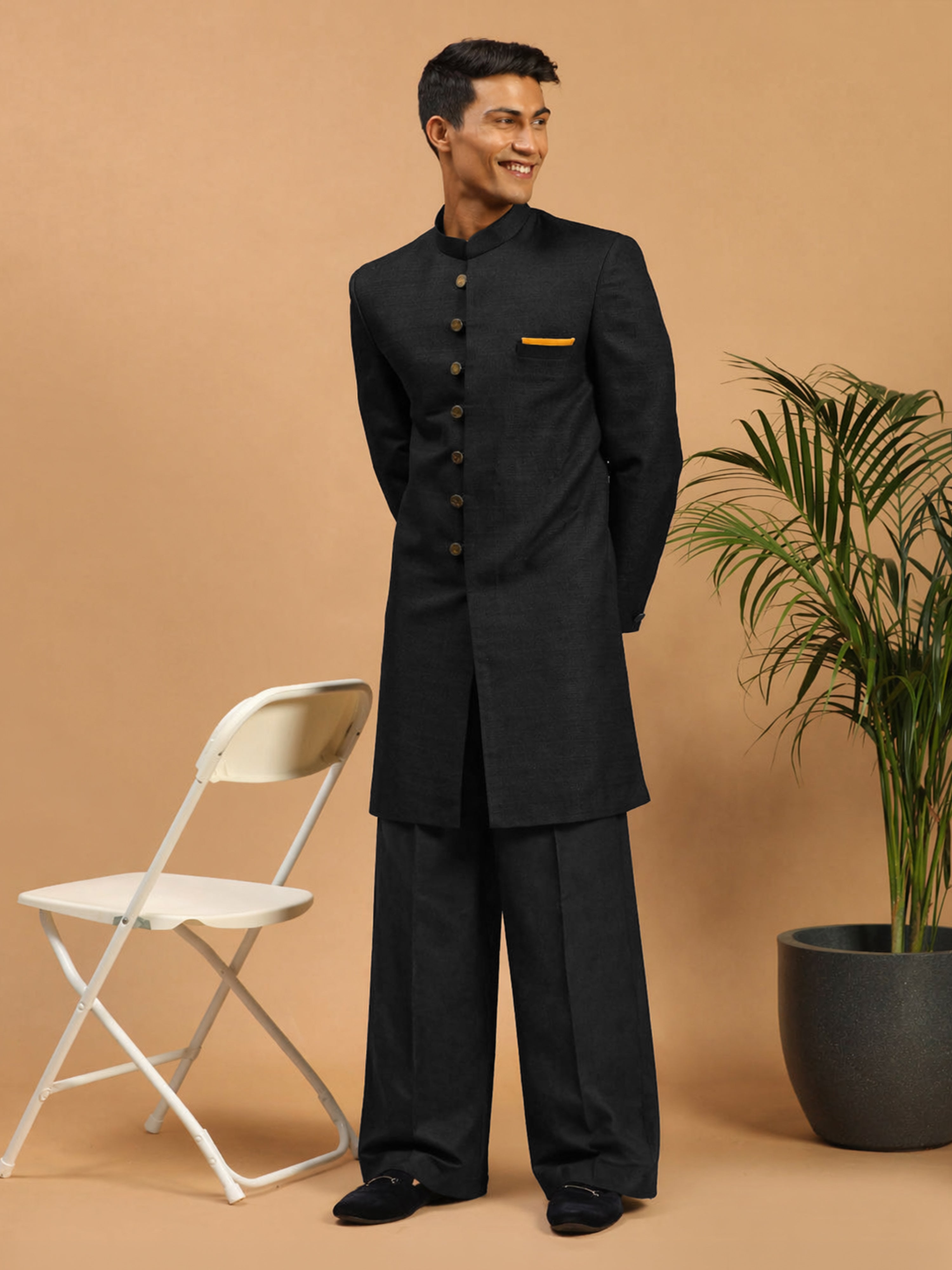 Black Silk Blend Bandhgala Indo Western Set with Pants