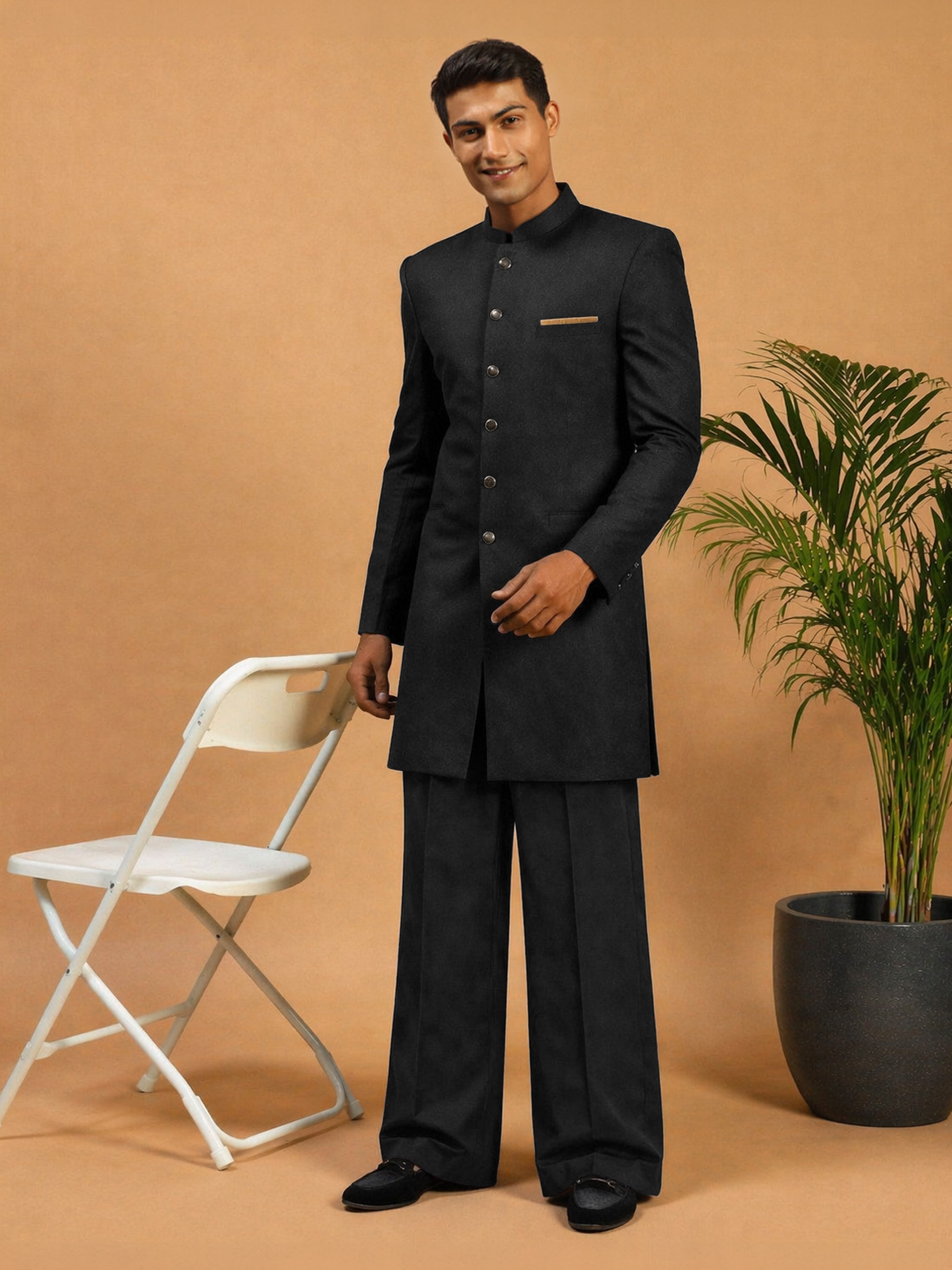 Men's Black Silk-Blend Solid Thigh Length Indo Western Set with Wide Leg Pant