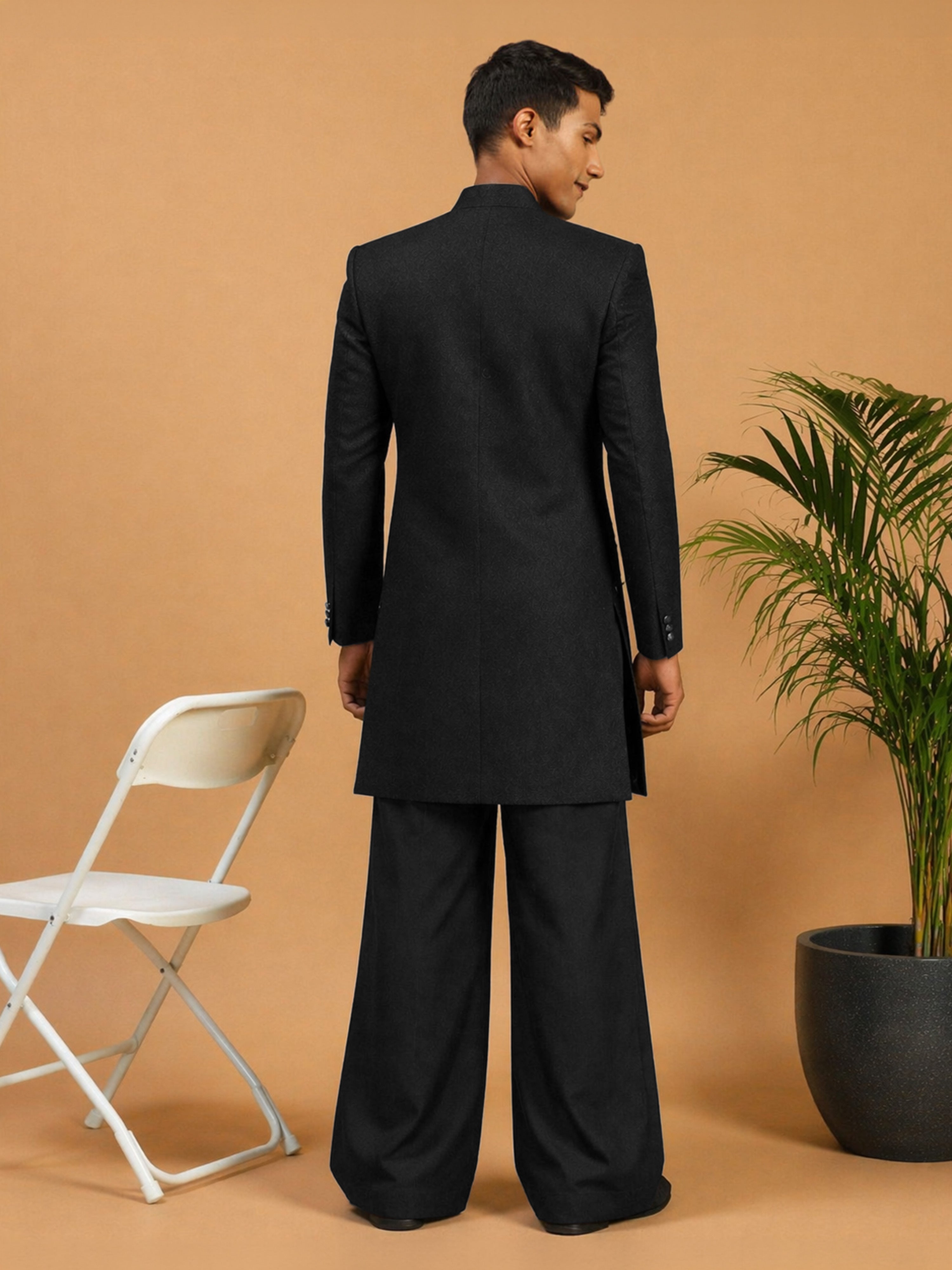 Men's Black Silk-Blend Solid Thigh Length Indo Western Set with Wide Leg Pant