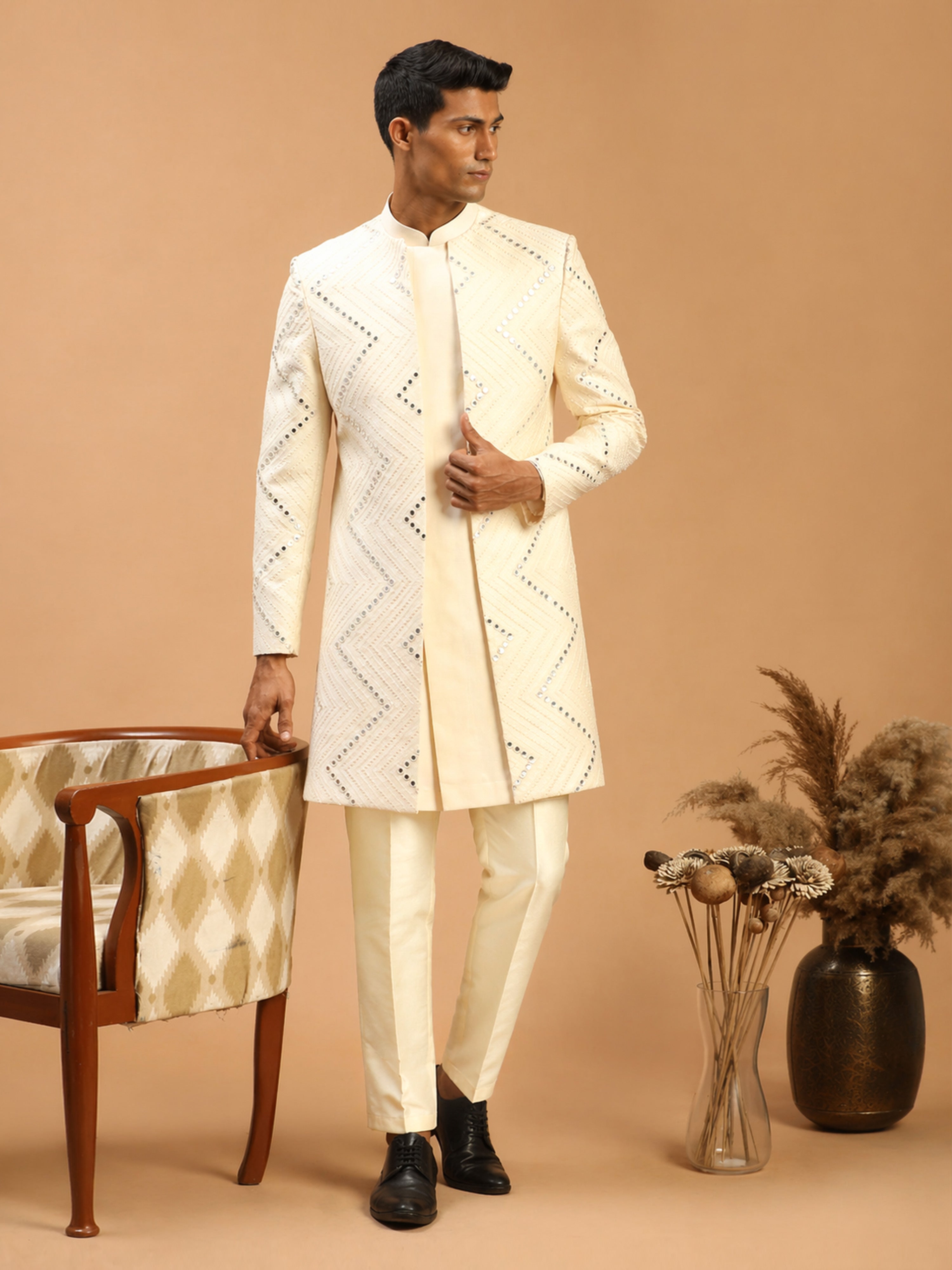 Men Cream Mirror Work Silk Blend Indo-Western with Pant Style Pyjama Set
