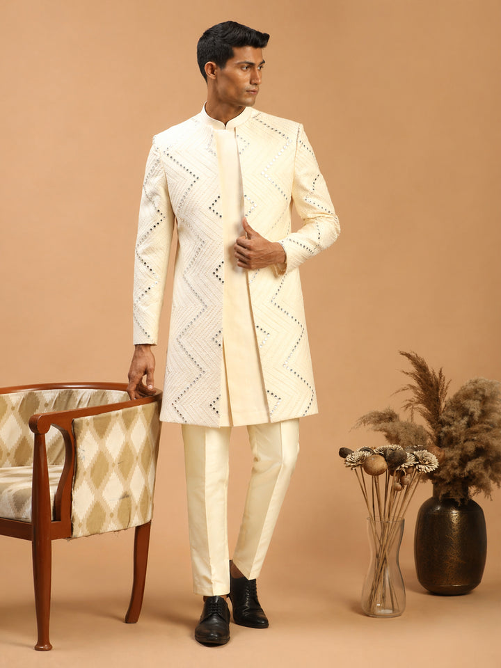 Men Cream Mirror Work Silk Blend Indo-Western with Pant Style Pyjama Set
