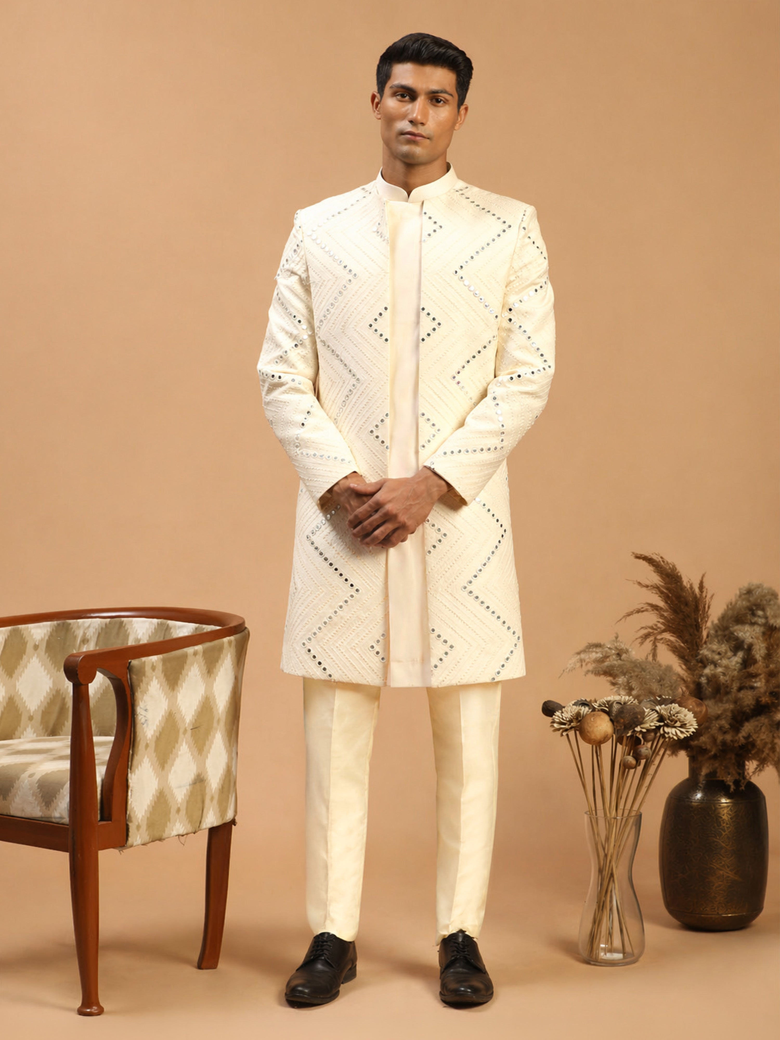 Men Cream Mirror Work Silk Blend Indo-Western with Pant Style Pyjama Set