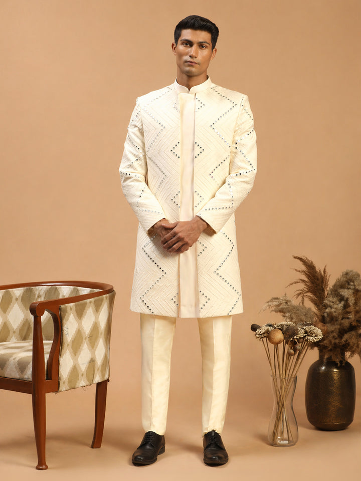 Men Cream Mirror Work Silk Blend Indo-Western with Pant Style Pyjama Set