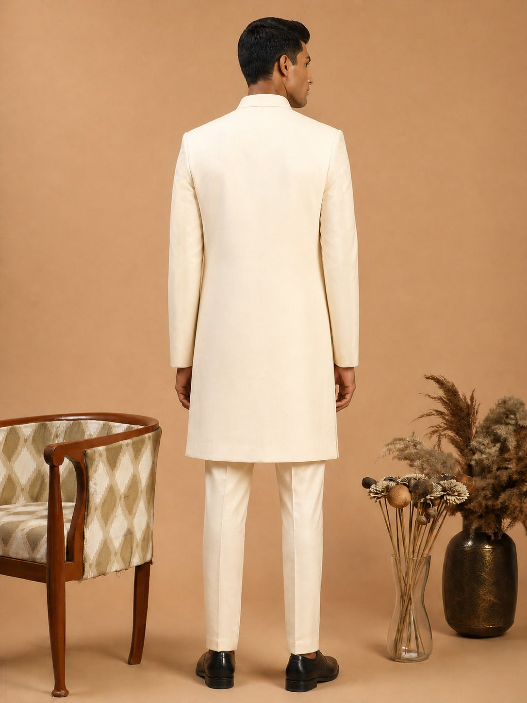 Men Cream Mirror Work Silk Blend Indo-Western with Pant Style Pyjama Set