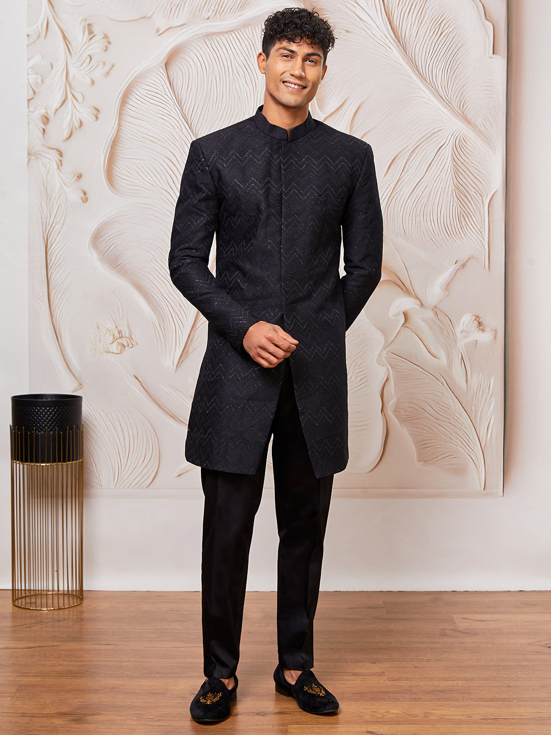 Men's Black Silk Blend Indowestern And Pant Set