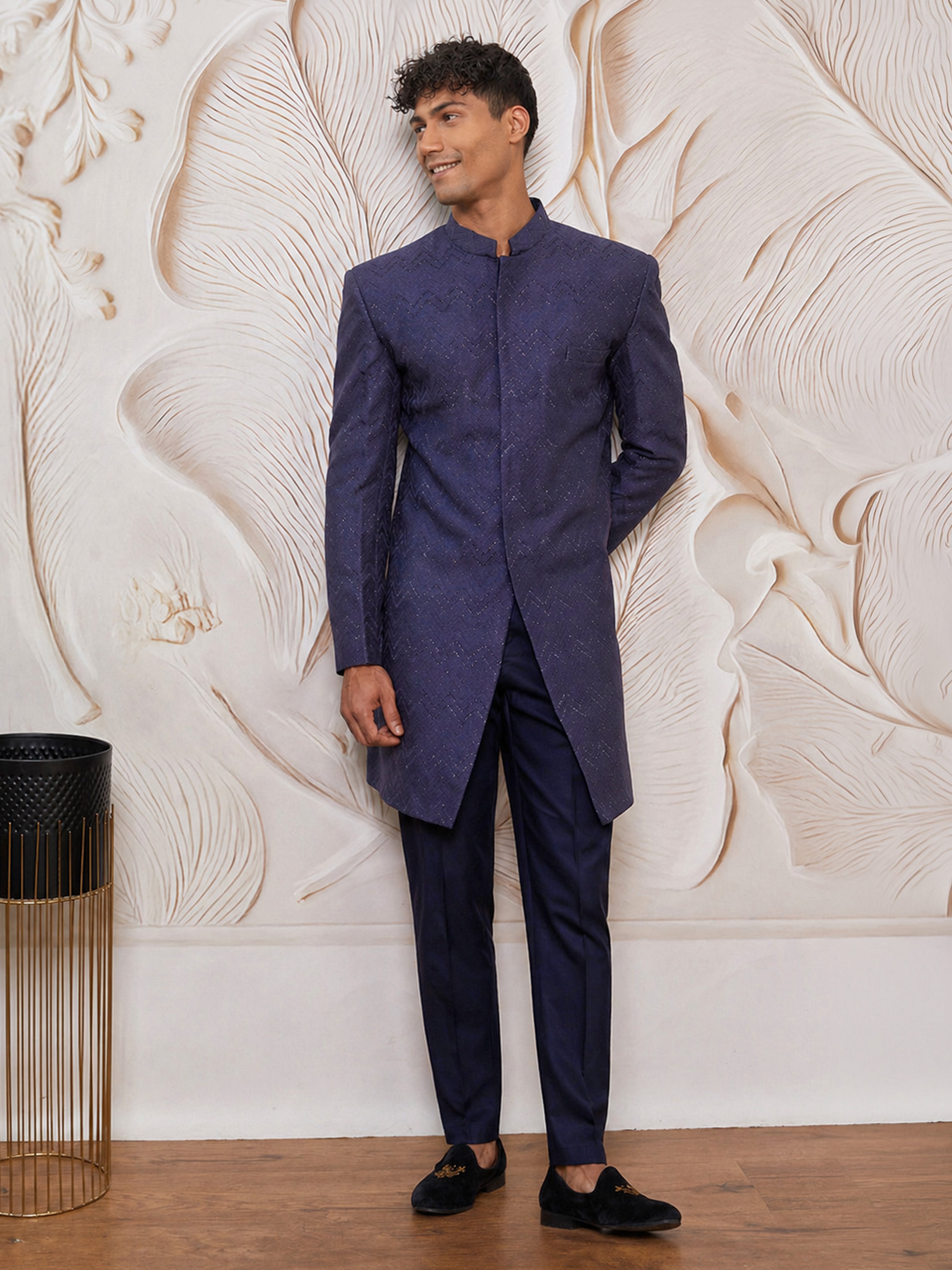 Men Navy Blue Silk Blend Jacquard Glitter Self-Texture Indo-Western with Solid Navy Blue Cotton Pant Set
