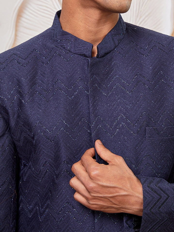 Men Navy Blue Silk Blend Jacquard Glitter Self-Texture Indo-Western with Solid Navy Blue Cotton Pant Set