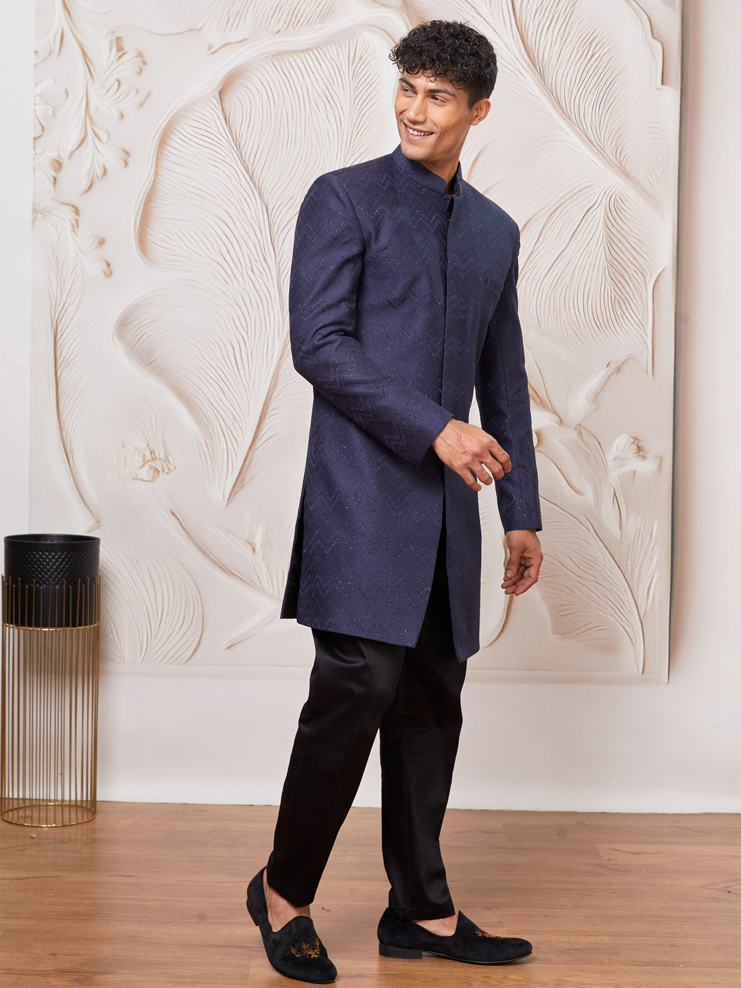 Men's Navy Blue Silk Blend Indowestern And Pant Set