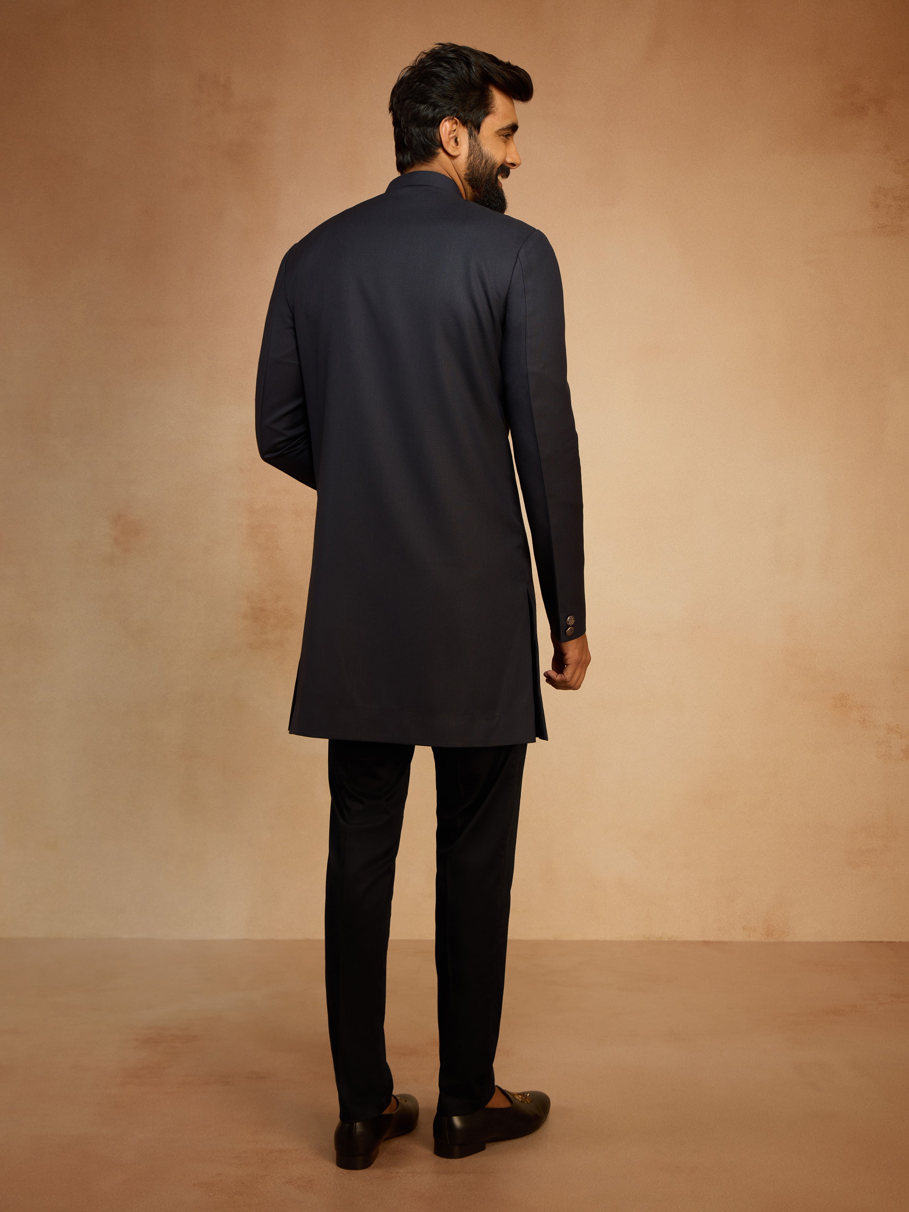 Men's Navy Blue Solid Sequin Zardozi Embroidery Indo-Western with Black Pant Style Pyjama Set