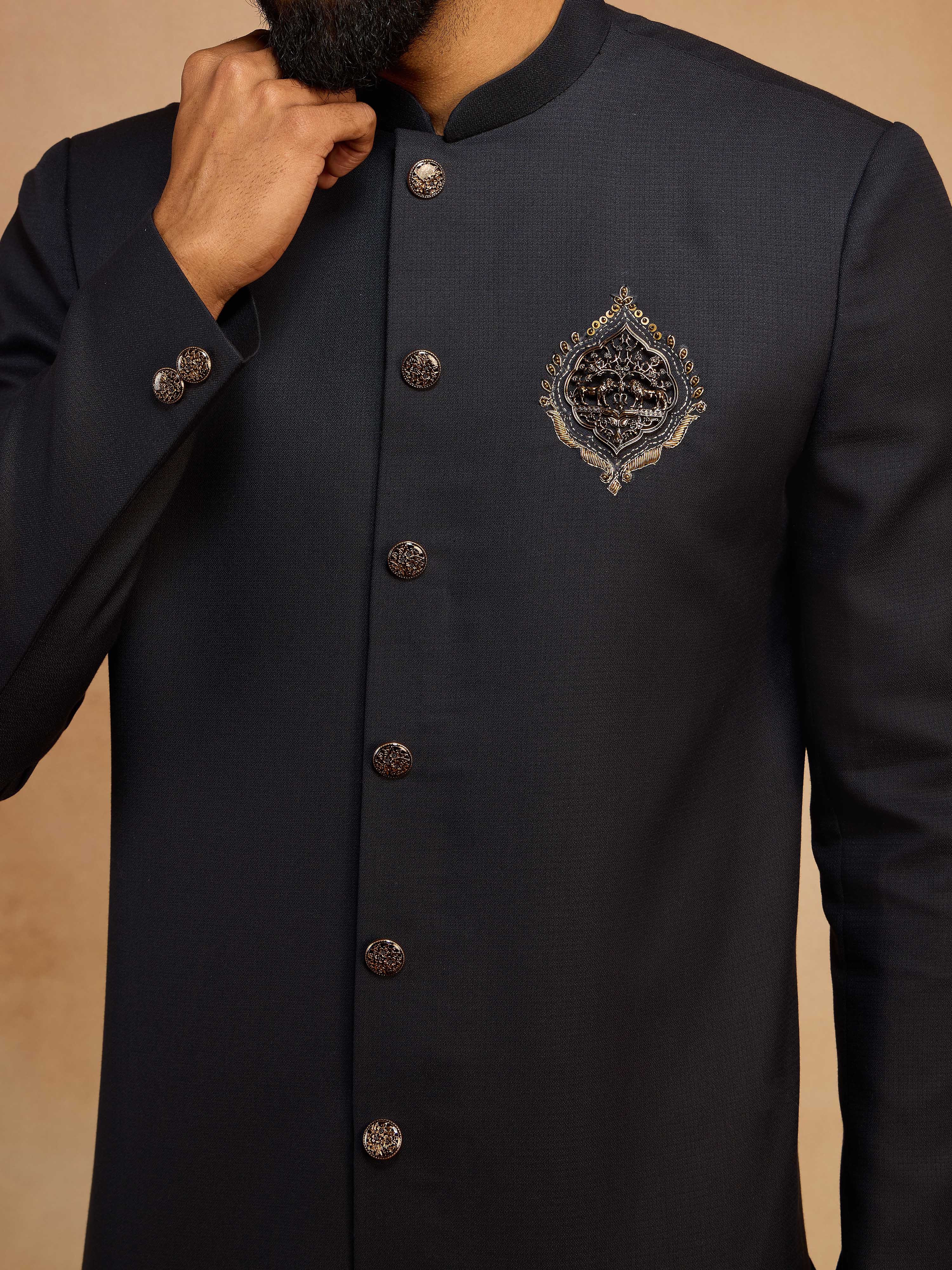 Men's Navy Blue Solid Sequin Zardozi Embroidery Indo-Western with Cream Pant Style Pyjama Set