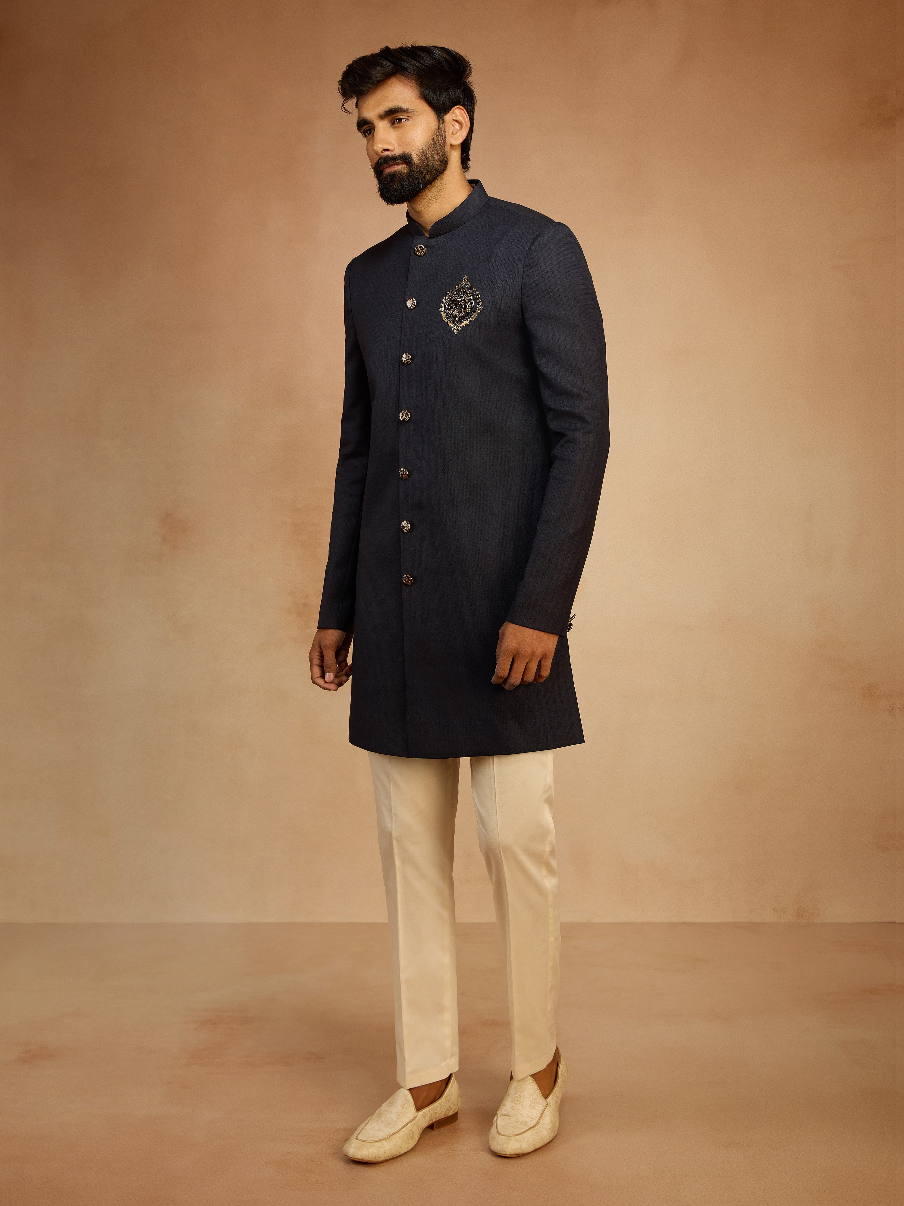 Men's Navy Blue Solid Sequin Zardozi Embroidery Indo-Western with Cream Pant Style Pyjama Set