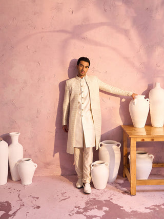 VASTRAMAY Men's Cream Schiffli Worked With Sequin Detailing Indo With Sleeveless Kurta Pant Set