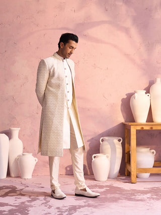 VASTRAMAY Men's Cream Schiffli Worked With Sequin Detailing Indo With Sleeveless Kurta Pant Set