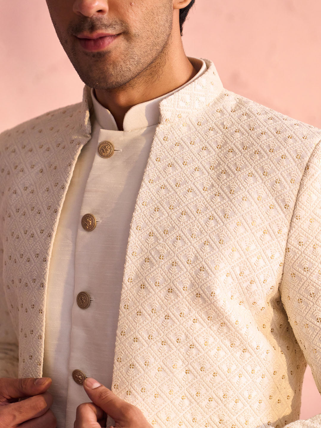 Men’s Cream Schiffli Embroidered Sherwani Set with Sequin Detailing