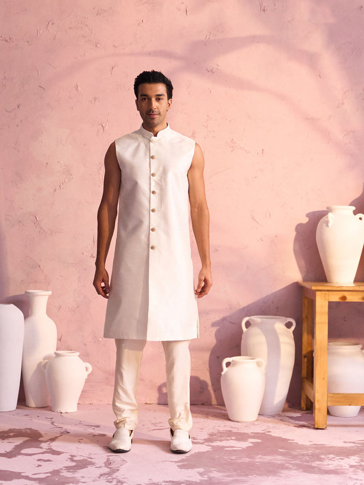 Men’s Cream Schiffli Embroidered Sherwani Set with Sequin Detailing