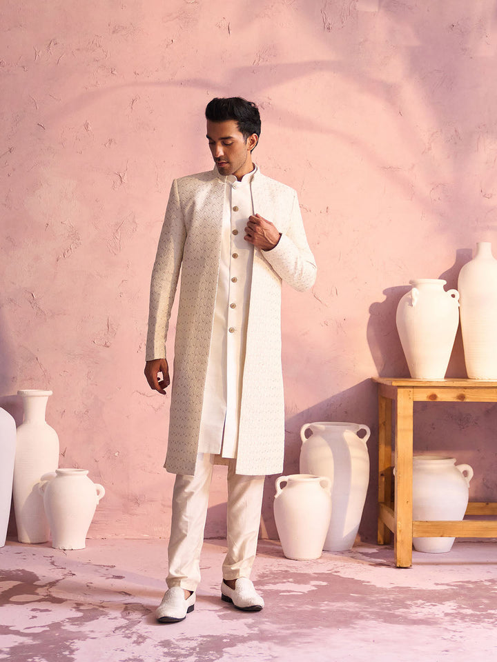Men’s Cream Schiffli Embroidered Sherwani Set with Sequin Detailing