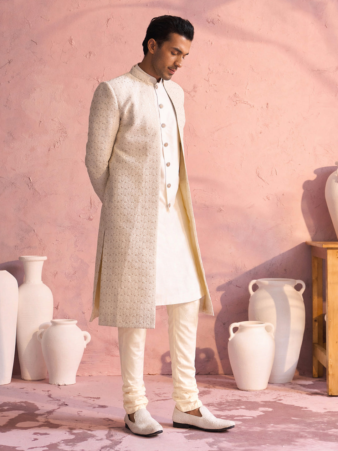 Off White Cotton Blend Embroidered Sherwani Set for Men