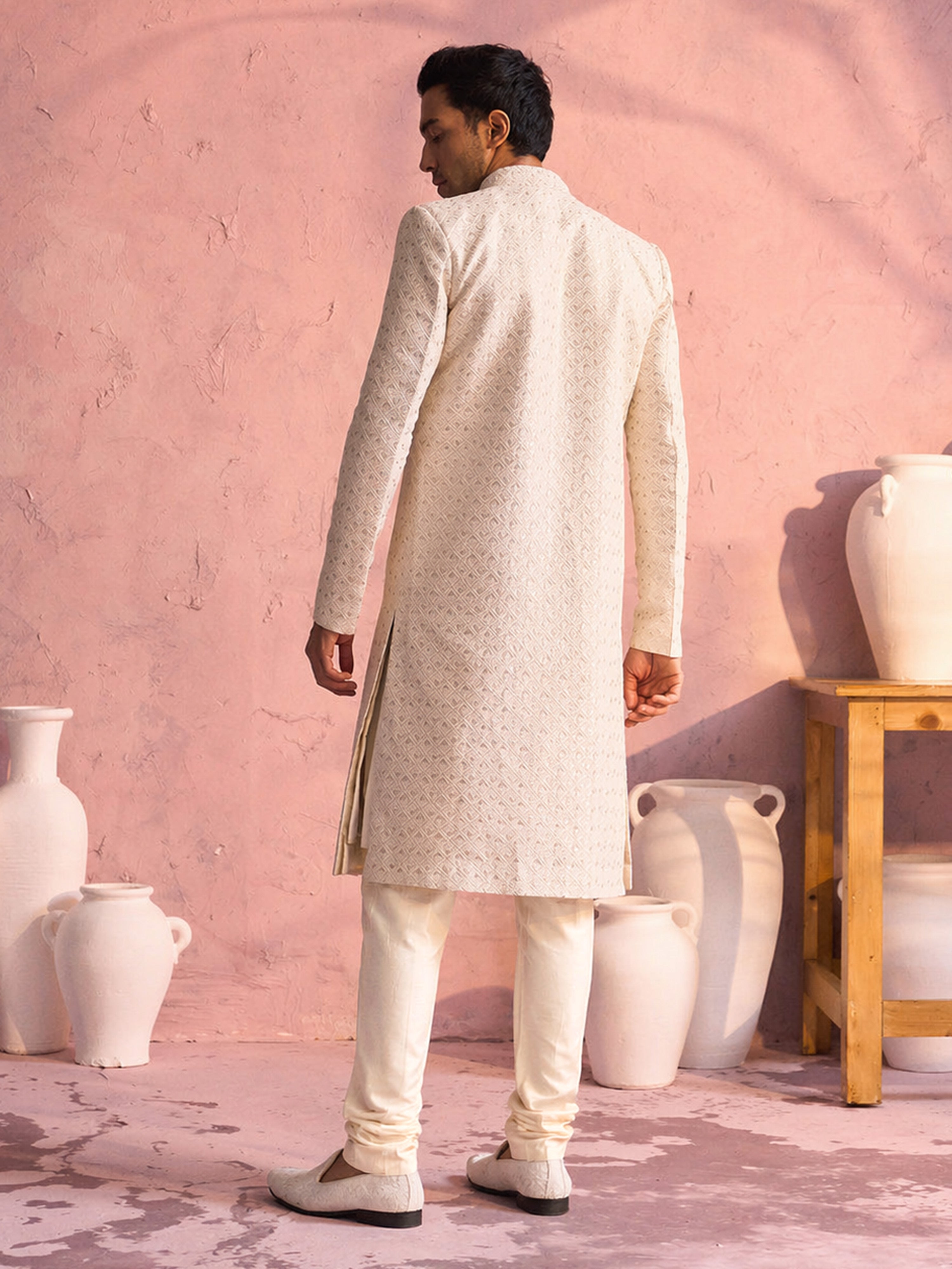Men's Off White Cotton-Blend Ethnic Motiff Knee Length Indo Western Set with Churidar