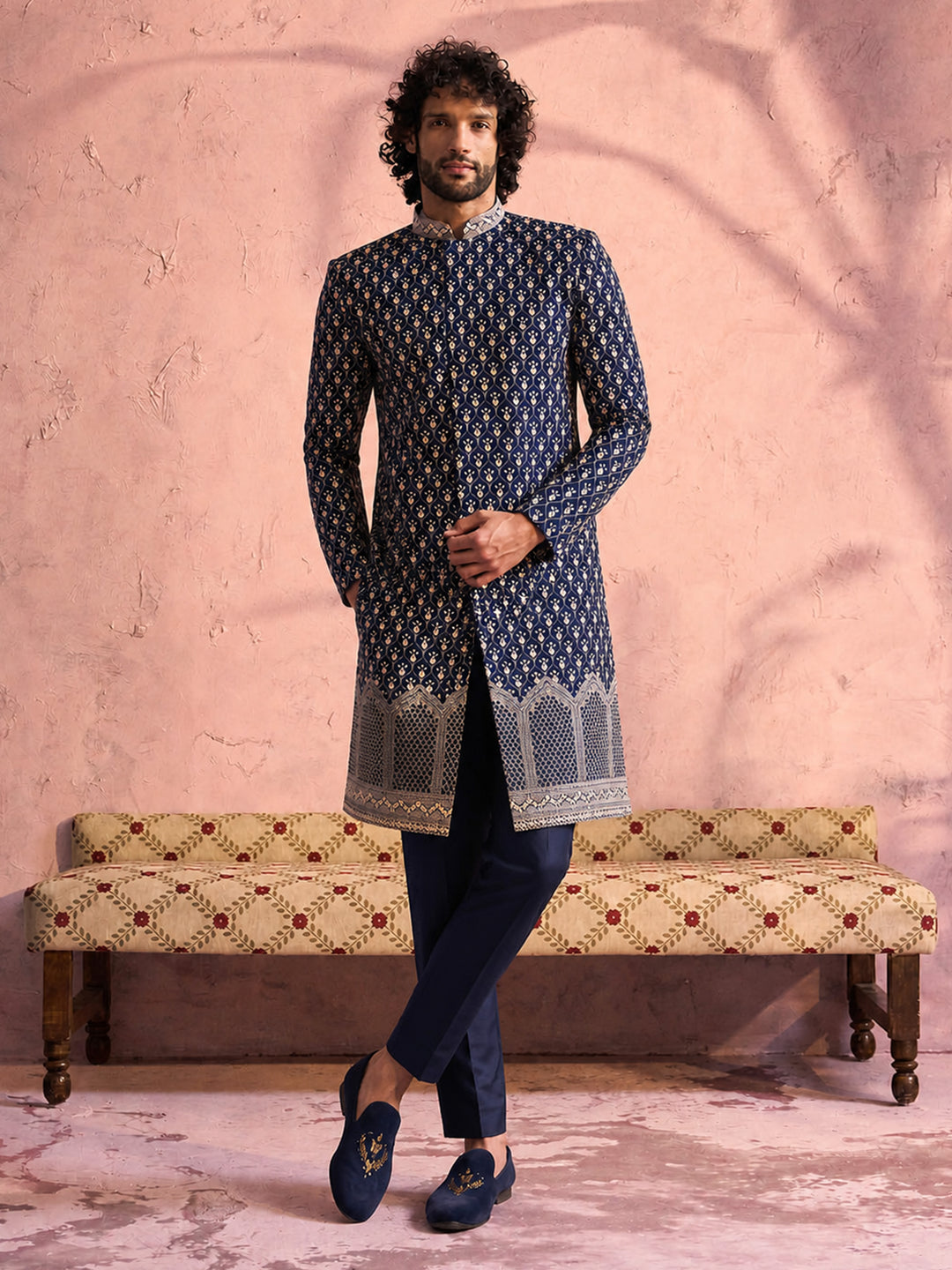 Men Navy Blue Mirror Work &amp; Resham Embroidery Georgette Sherwani-Style Indo-Western with Pant Set