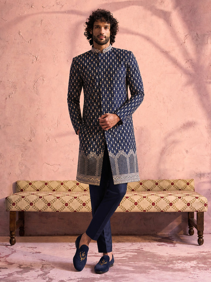 Men Navy Blue Mirror Work &amp; Resham Embroidery Georgette Sherwani-Style Indo-Western with Pant Set