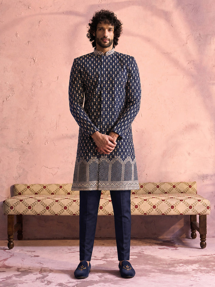 Men Navy Blue Mirror Work &amp; Resham Embroidery Georgette Sherwani-Style Indo-Western with Pant Set