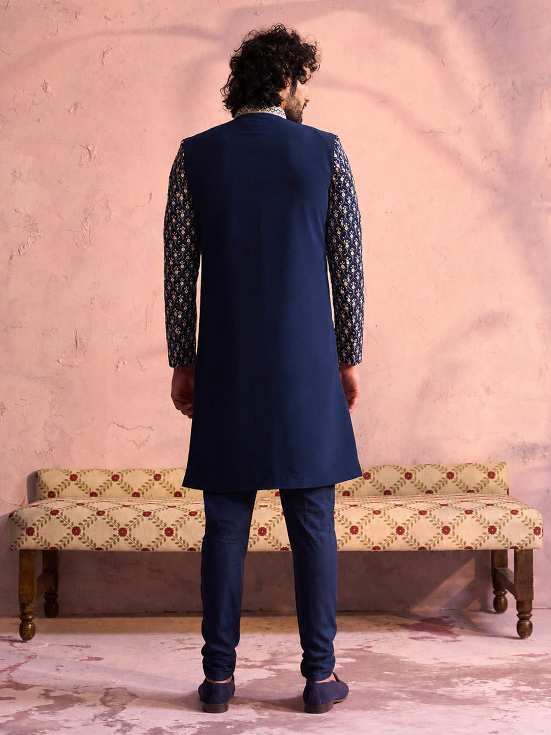 Men Navy Blue Mirror Work &amp; Resham Embroidery Georgette Sherwani-Style Indo-Western with Pant Set